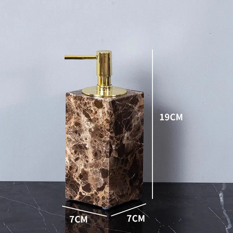 Soap dispenser in Emperador Dark marble with gold pump, Simples Market, 19 cm tall