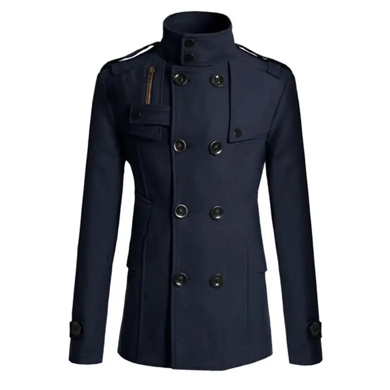 Men's navy wool double-breasted overcoat with high collar