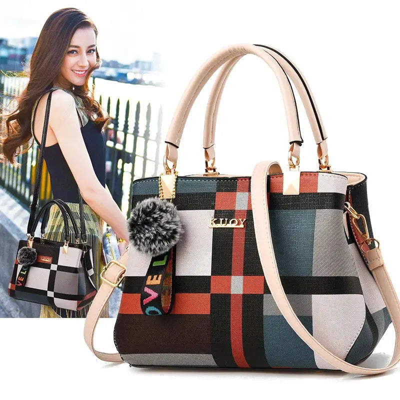 Two plaid designer handbags by Simples Market; PU leather tote and matching crossbody with beige handles.
