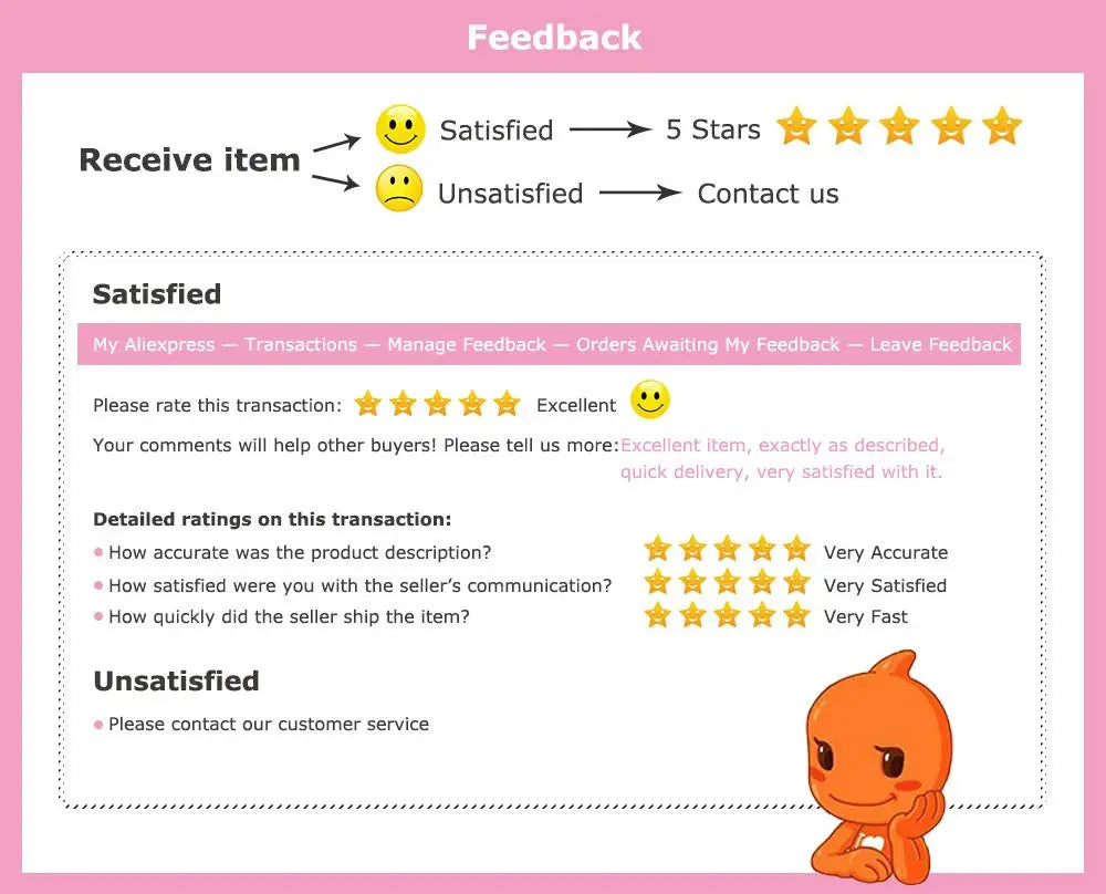 Shower head holder clamp product feedback card in pink theme by Simples Market with 5-star ratings and mascot.