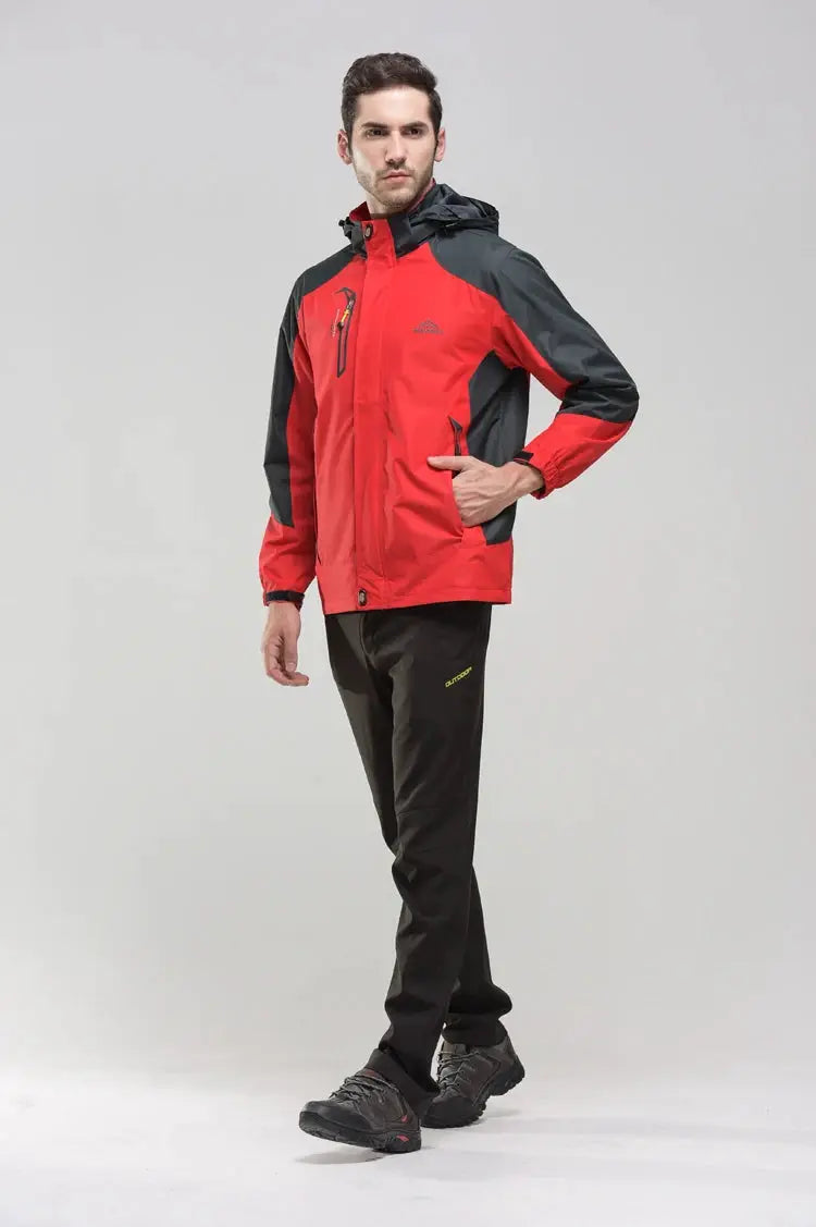 TRVLWEGO camping hiking jacket, red with black panels, waterproof windbreaker for outdoor use by Simples Market
