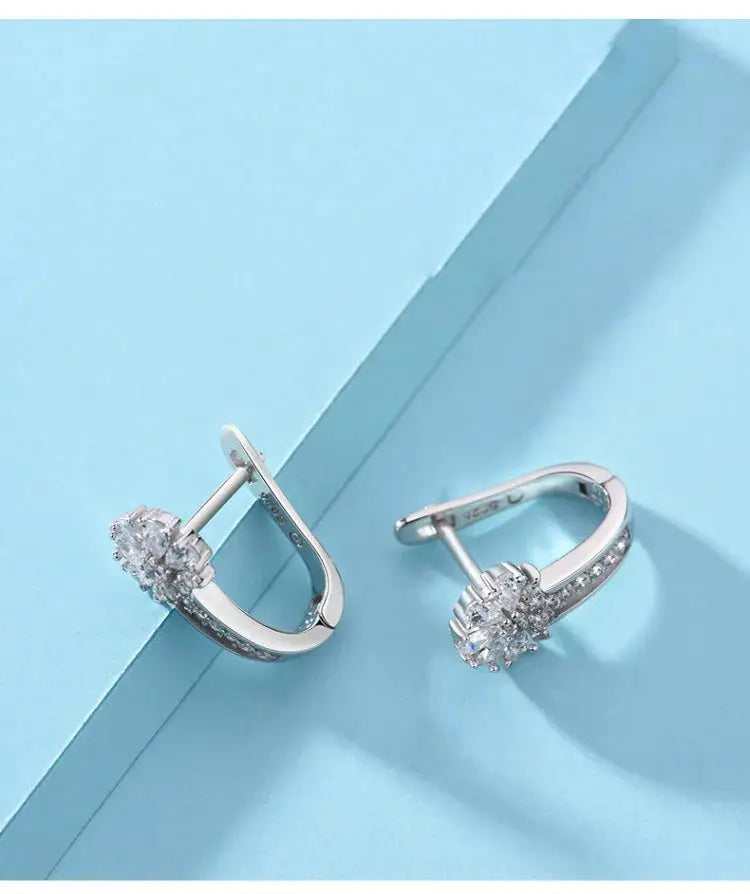 Sterling silver zircon flower hoop earrings pair for women, crystal cluster design