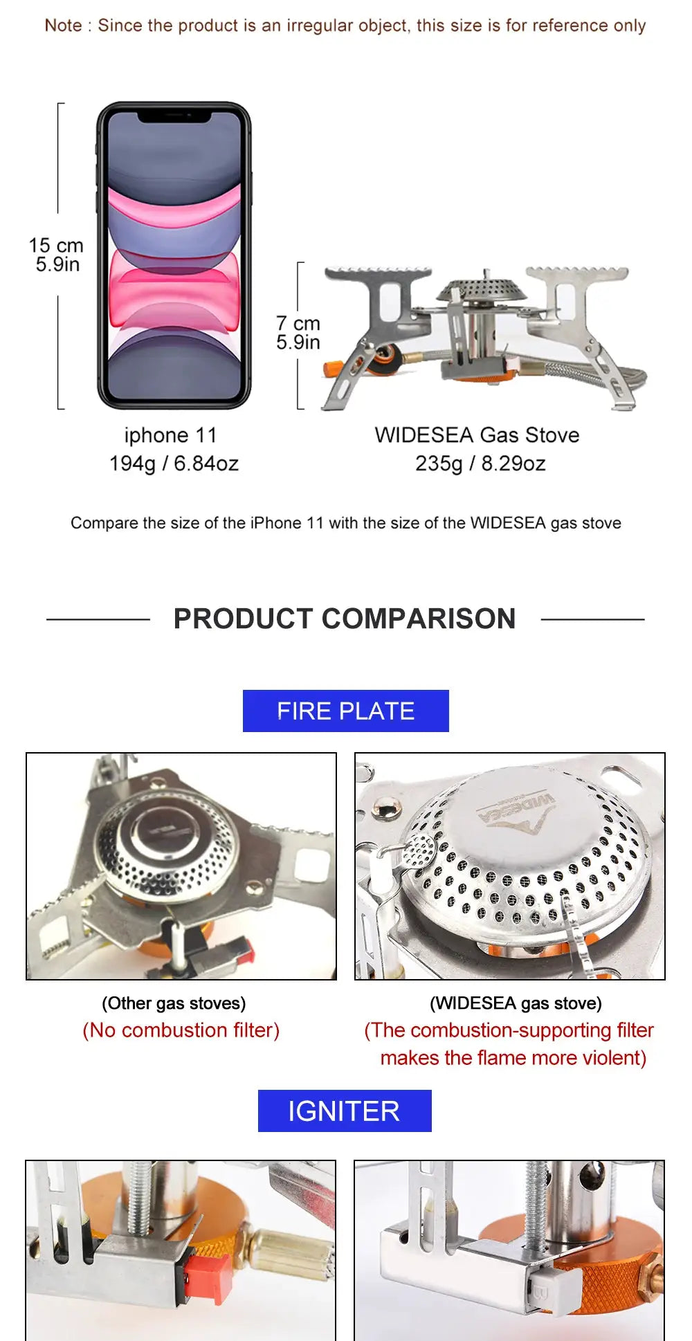 Widesea camping gas stove by Simples Market; metal folding burner shown beside an iPhone 11 for size.