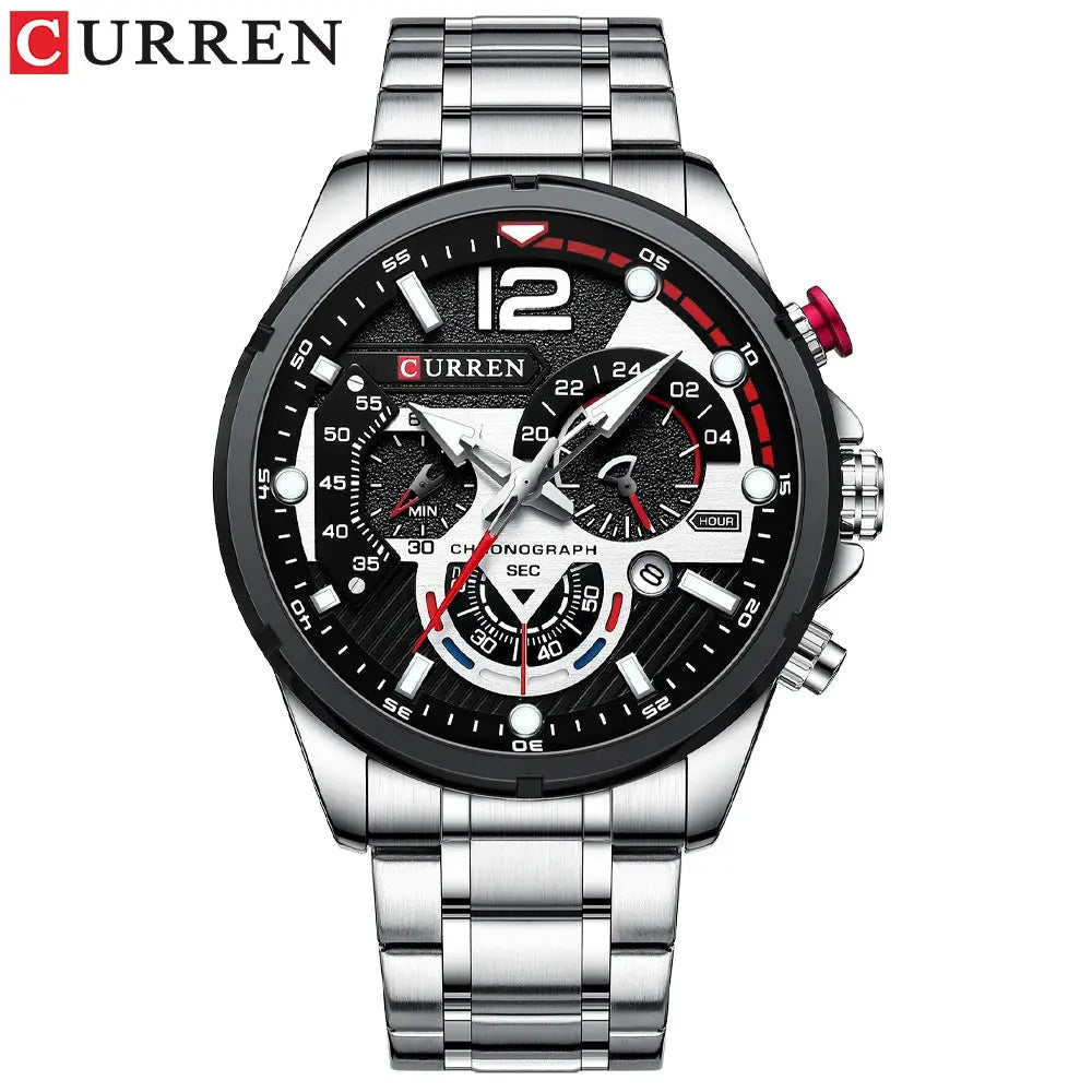 CURREN men's stainless steel chronograph waterproof watch with black dial and silver bracelet