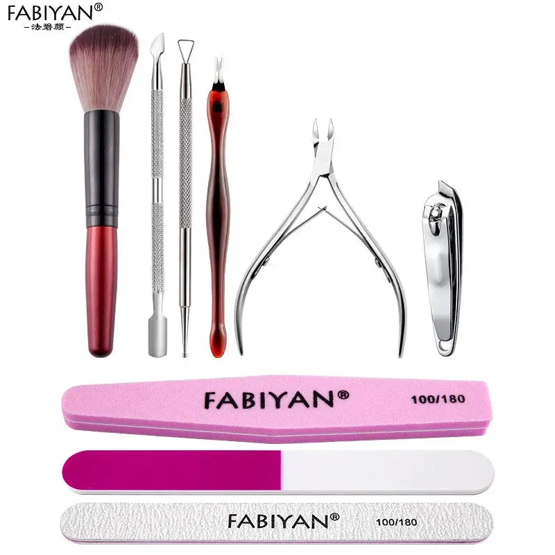 Manicure set FABIYAN with pink buffers and silver metal tools (9-piece)