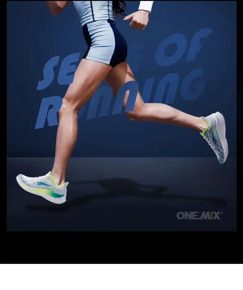 Onemix marathon running shoes for women, breathable lightweight sneakers with neon accents; ONEMIX logo visible