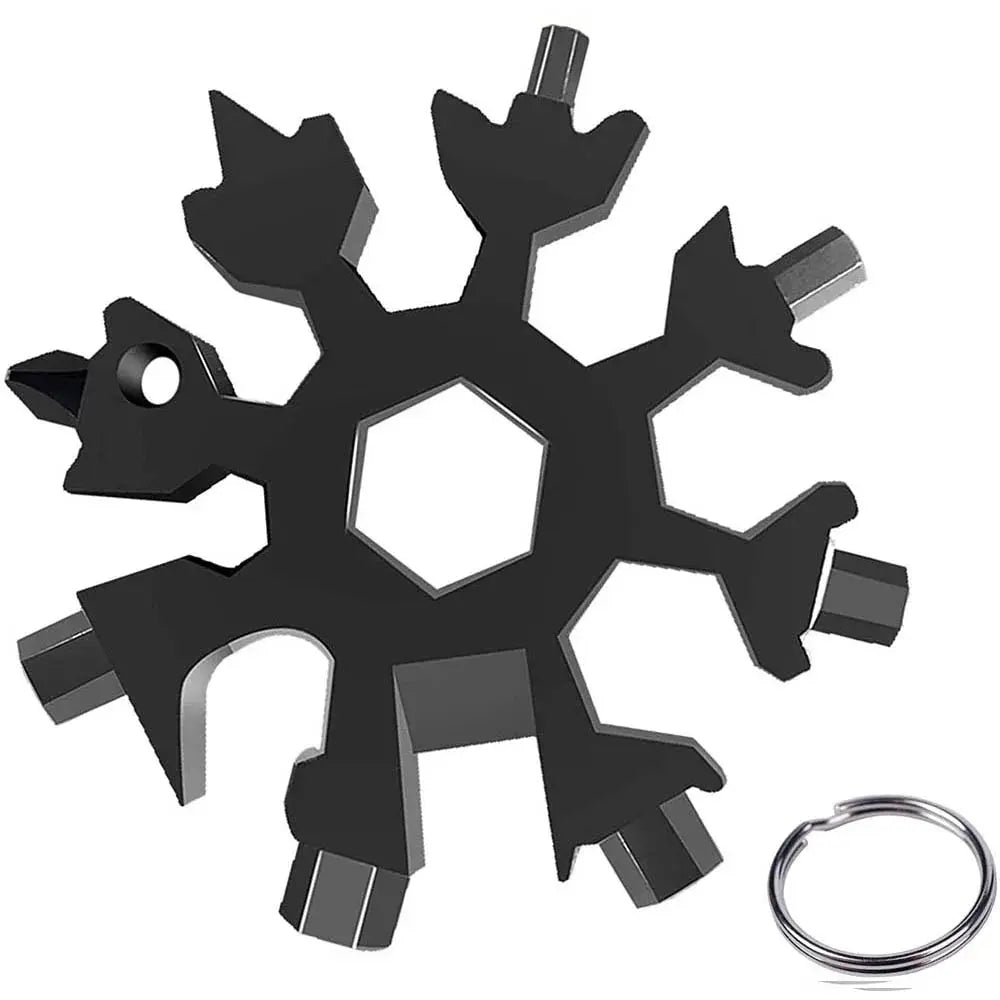 Simples Market Snowflake 18-in-1 multi-tool, black stainless steel with screwdriver bits and bottle opener, with key ring