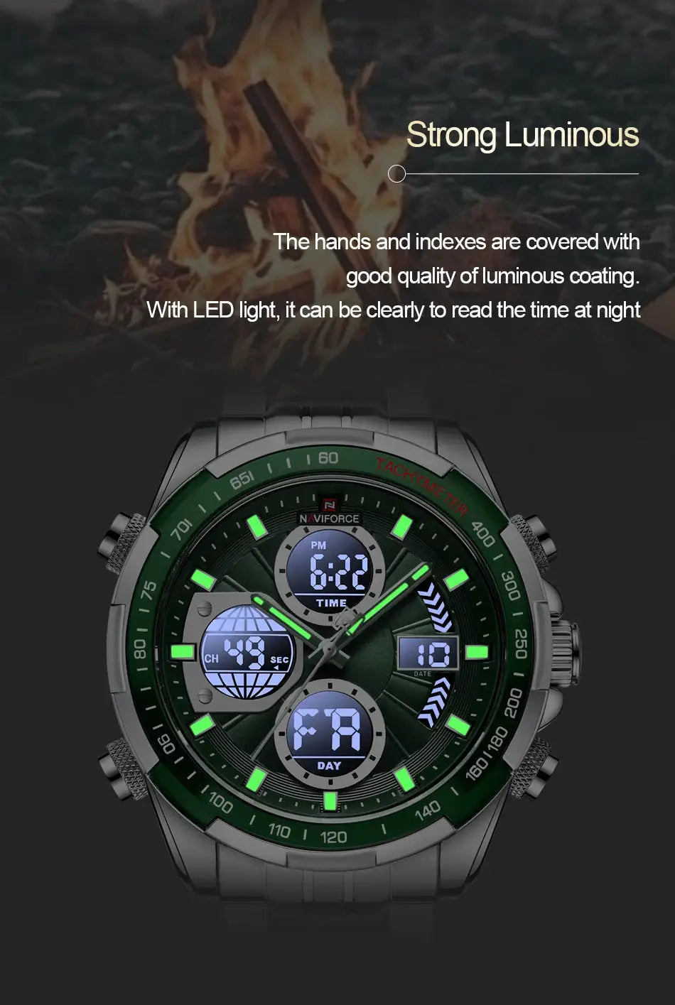NAVIFORCE men's stainless steel wristwatch with green bezel, luminous dual-display digital-analog dial