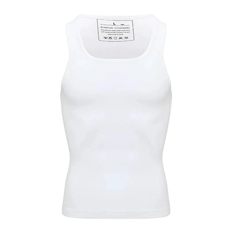 Men's white Simples Market slimming body shaper tank top; compression undershirt for abs/gynecomastia.