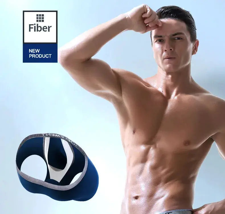 Men's blue modal boxer briefs with breathable bullet-separation pouch