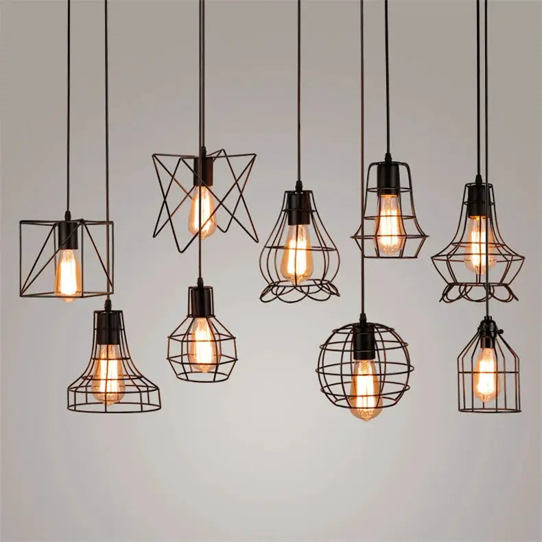 Industrial retro iron pendant light set of nine in black with cage and globe wire shades