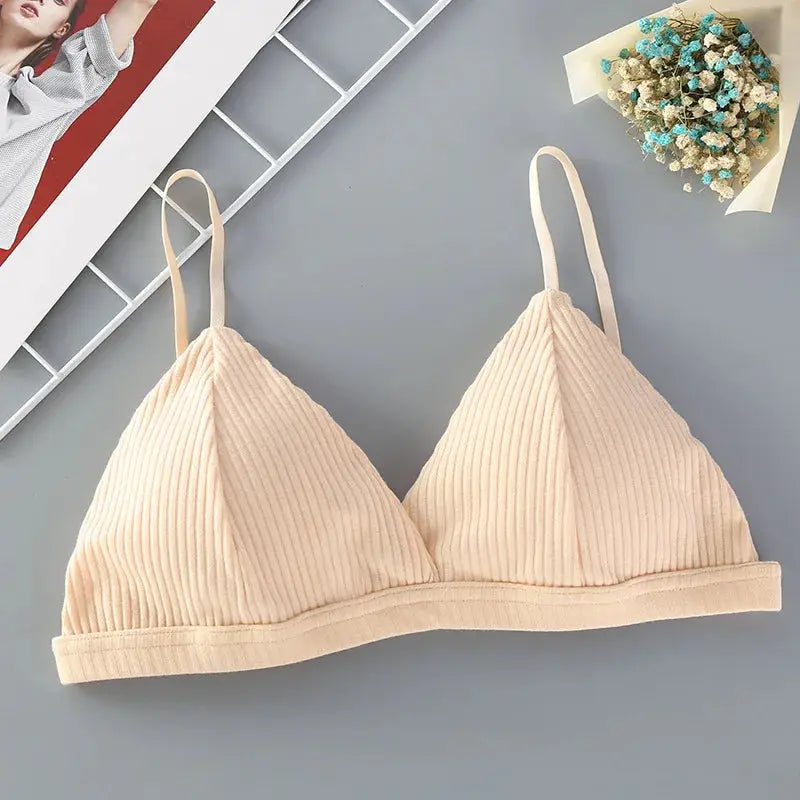 Women's Simples Market beige cotton ribbed triangle-cup bralette, wire-free, low-back