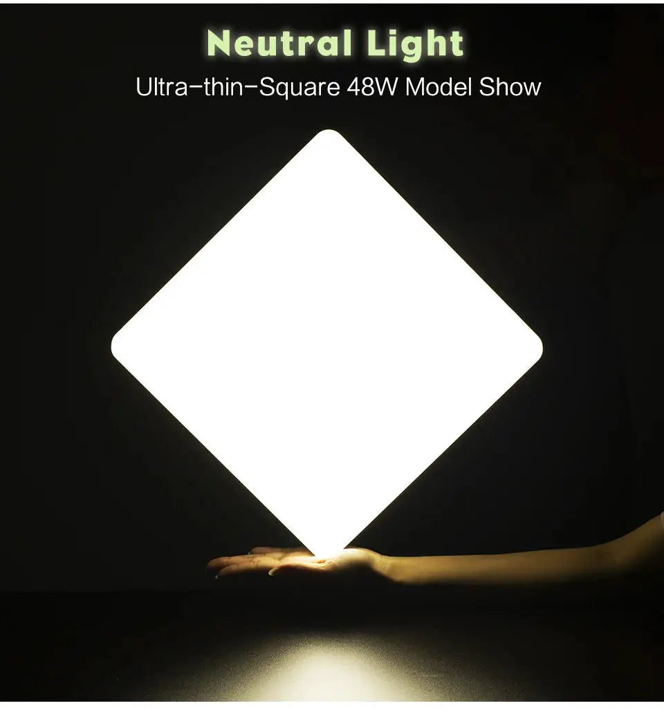 MARPOU square LED ceiling lamp in neutral white light; ultra-thin diamond-shaped panel held on a hand for scale