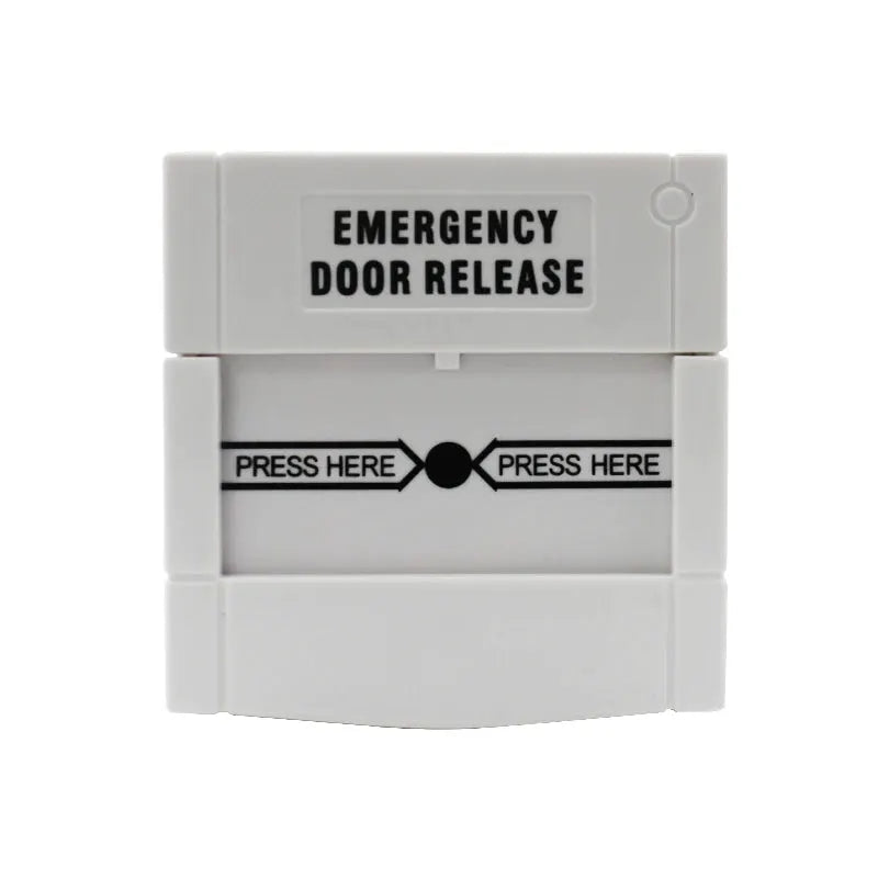 White emergency door release switch with cover and press here panel