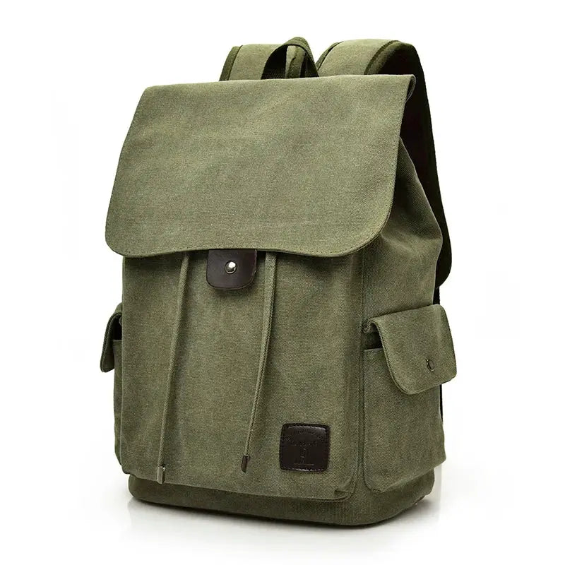 Simples Market green canvas backpack with flap, large men's school/travel rucksack.