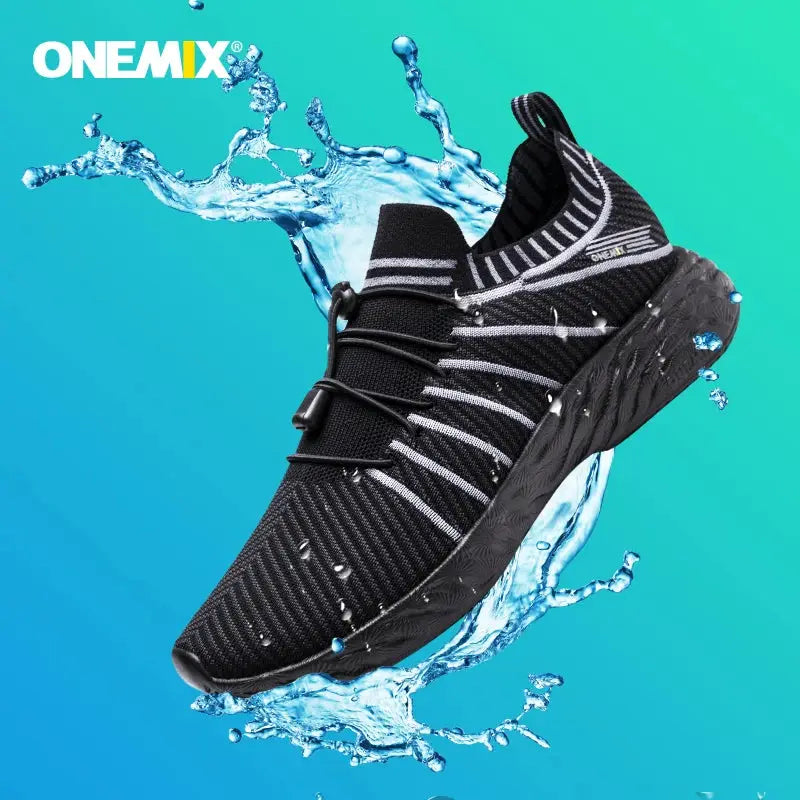 ONEMIX waterproof black running shoes for men with breathable knit upper and anti-slip sole