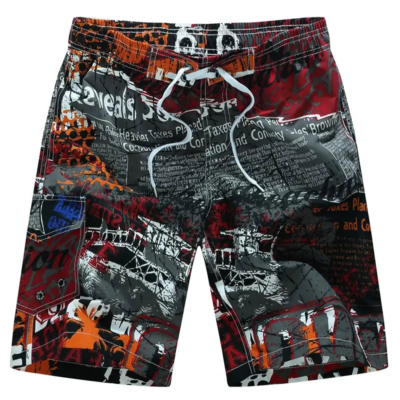 Men's graffiti-print board shorts with white drawstring, multicolor pattern