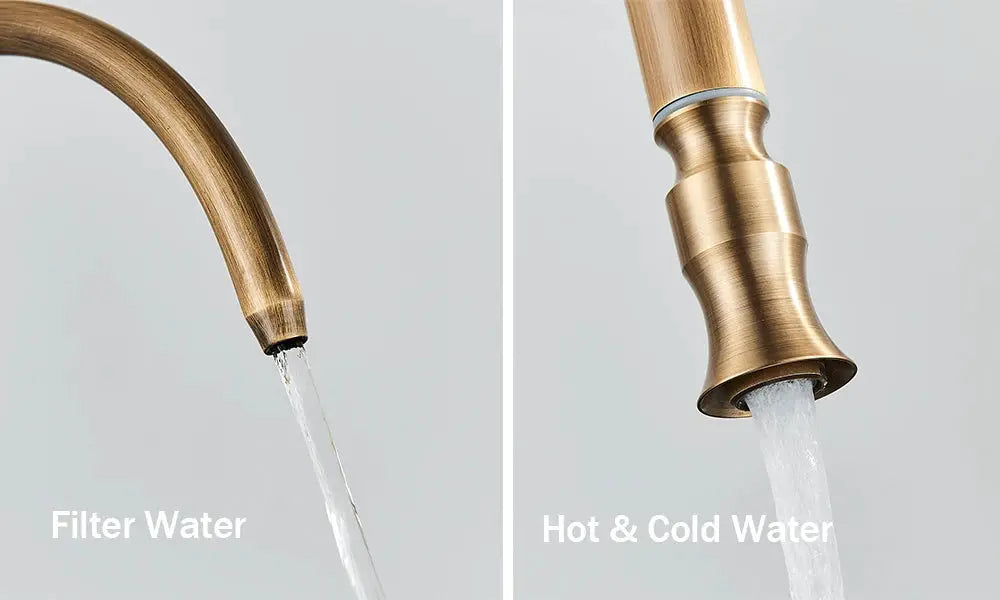 Rozin antique-brass kitchen faucet with pull-out nozzle; 2-in-1 filter water and hot/cold swivel mixer