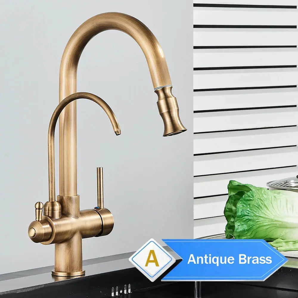 Rozin 2-in-1 antique brass kitchen faucet with pull-out nozzle and swivel spray
