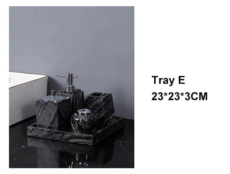 Ancient wood grain marble bathroom set; black 3-piece with soap dispenser, toothbrush holder, and tray