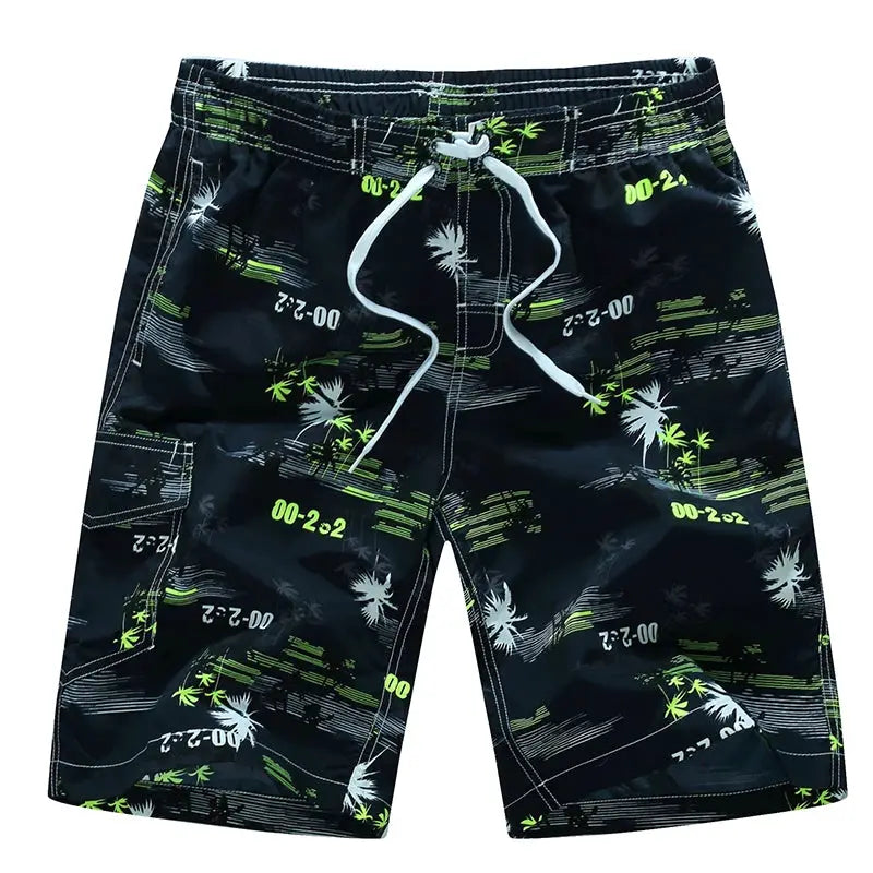 Simples Market men's board shorts, black with green palm tree print, white drawstring, cargo pocket, plus sizes 4XL–6XL