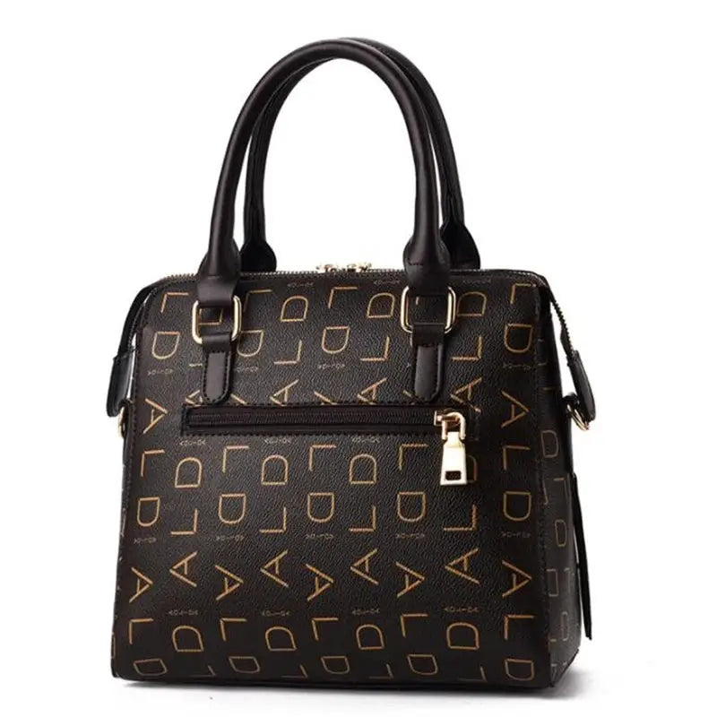 Simples Market PU leather handbag, black top-handle tote with gold English letter pattern and front zipper