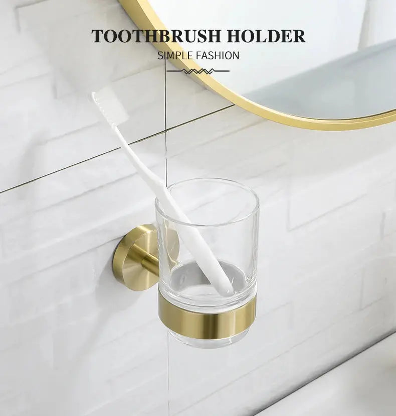 Toothbrush holder wall mount in brushed gold with glass cup, Simples Market bathroom accessory