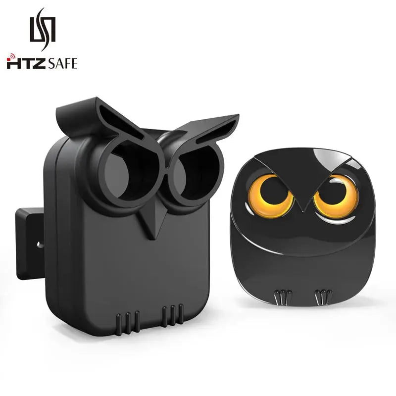 HTZSAFE wireless driveway security alarm kit with black owl-shaped motion detector
