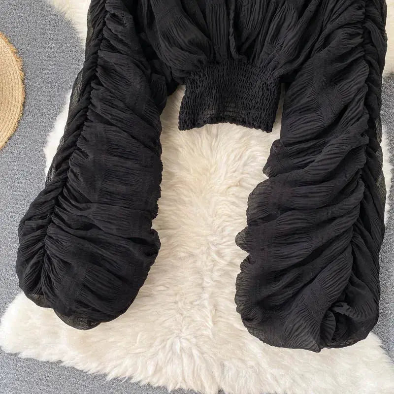 Simples Market black draped chiffon blouse with puff long sleeves and smocked waist
