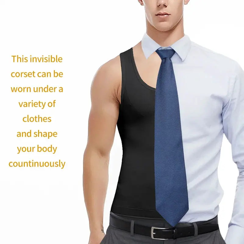 Mens slimming body shaper compression shirt for abs and abdomen; black sleeveless half shown under a dress shirt and tie