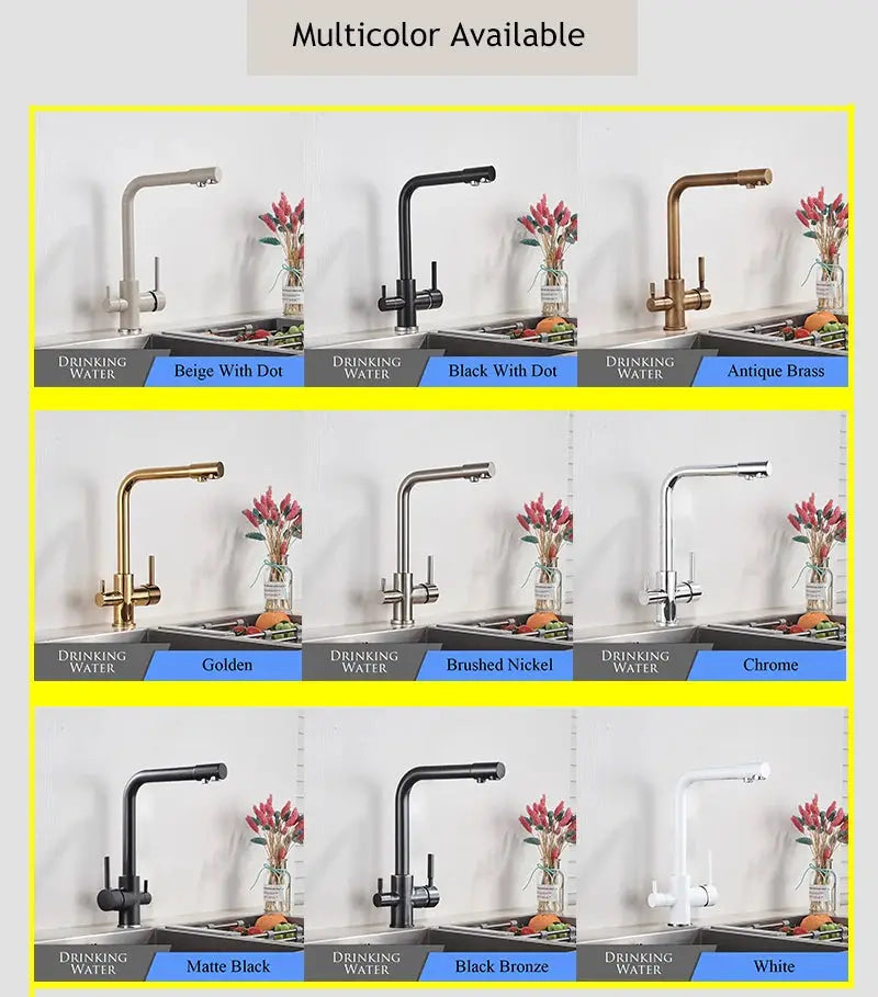 Simples Market chrome kitchen faucet with dual swivel spout and drinking water filter; displays 9 color options.