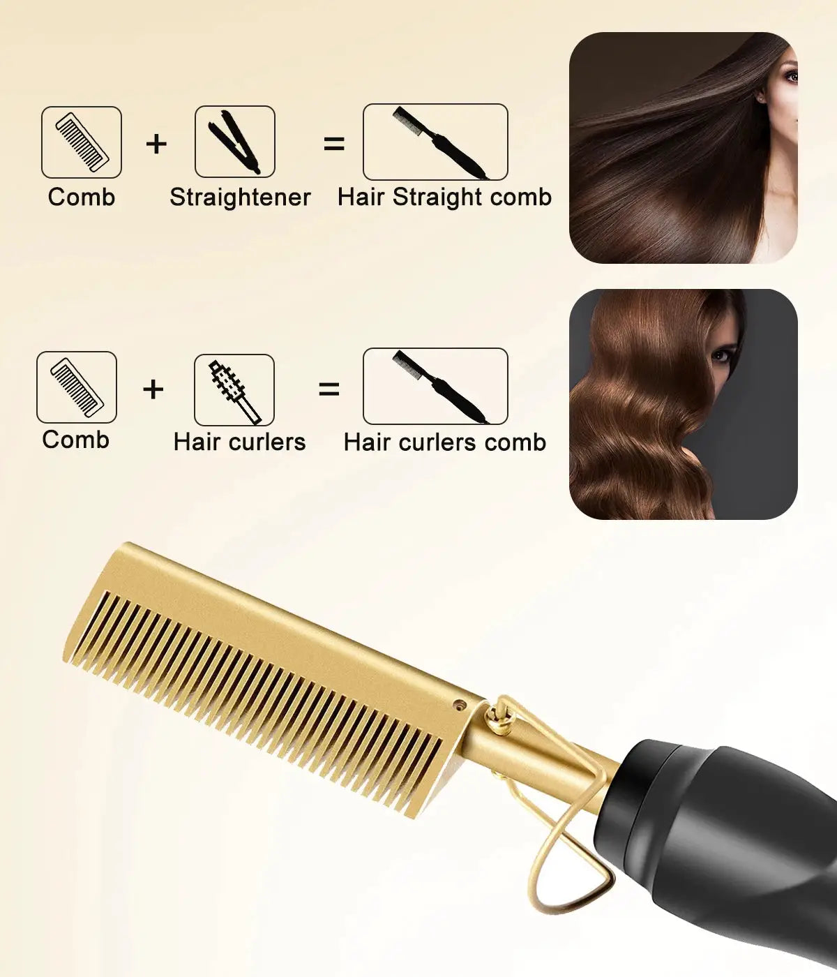 Simples Market 2-in-1 hot comb straightener; gold-tone electric styling comb for straight or curled hair, portable.
