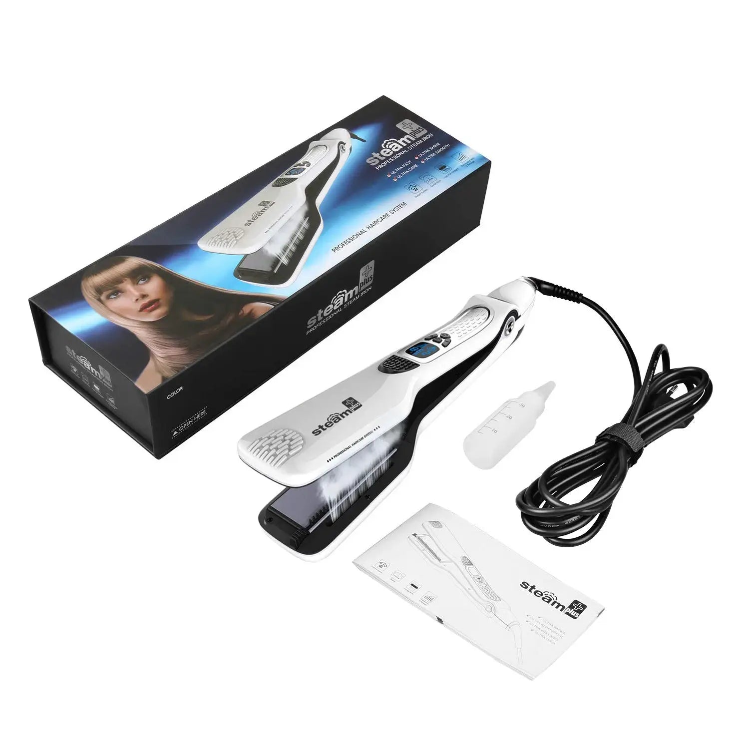 SteamPlus professional hair straightener with titanium plates, steam function, dual voltage, white handheld.