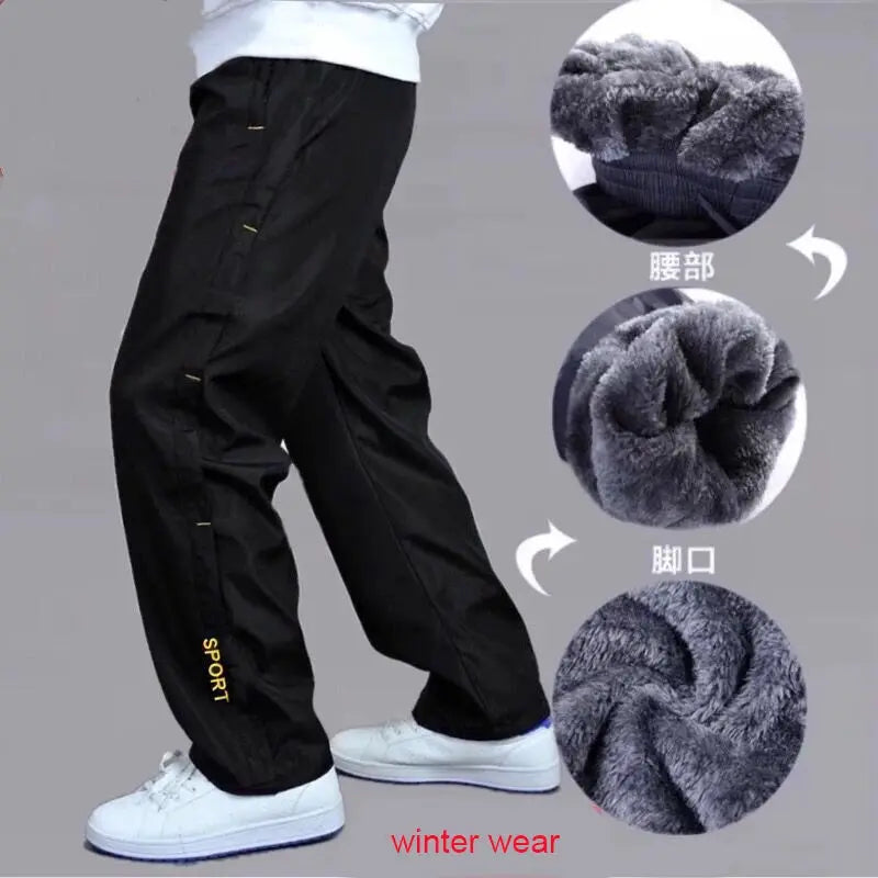 Men's black Simples Market sweatpants with plush velvet lining, loose straight fit for winter wear