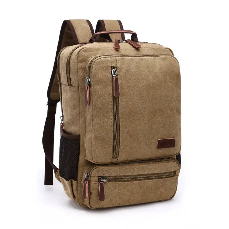 Simples Market tan canvas backpack, large-capacity travel and student bag with multiple zip pockets.