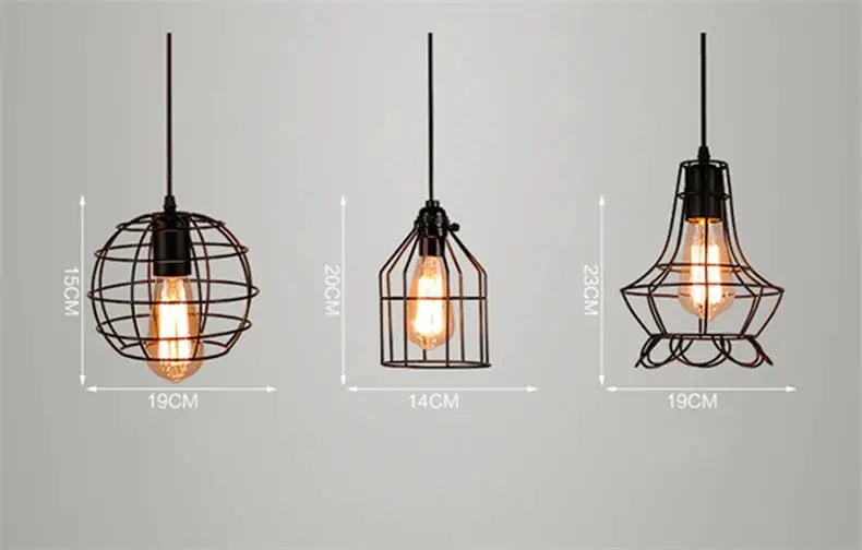 3-pack industrial retro iron cage pendant lights with exposed bulbs in black metal frames.