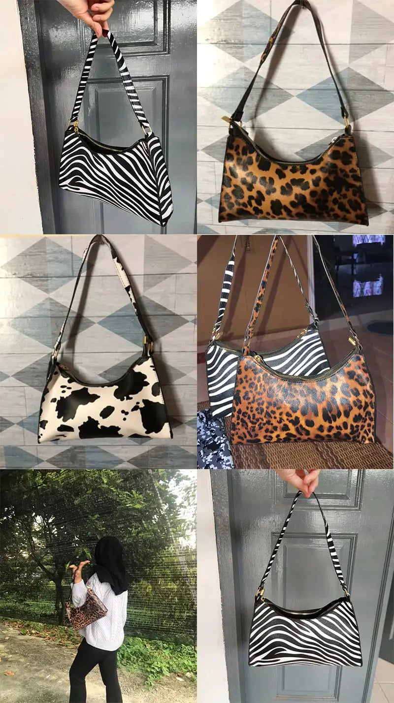 Set of 6 stylish women's animal-print shoulder bags in zebra, leopard and cow patterns; PU leather purses.