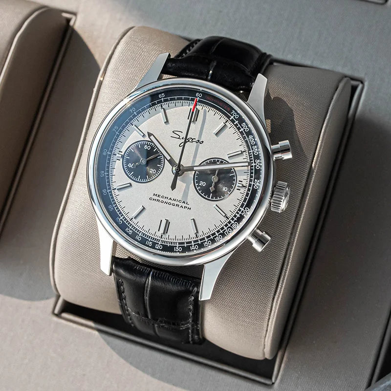 Limited Edition Pilot Mechanical Chronograph Watch with panda subdials, 40mm, black leather strap, Simples Market