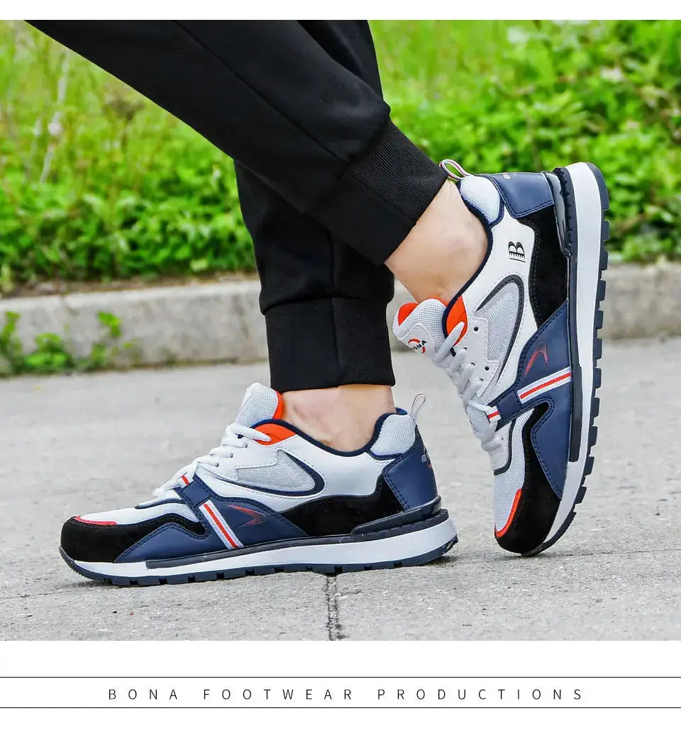 BONA action leather sport shoes for men; white, navy and orange sneakers with a chunky sole and sporty overlays
