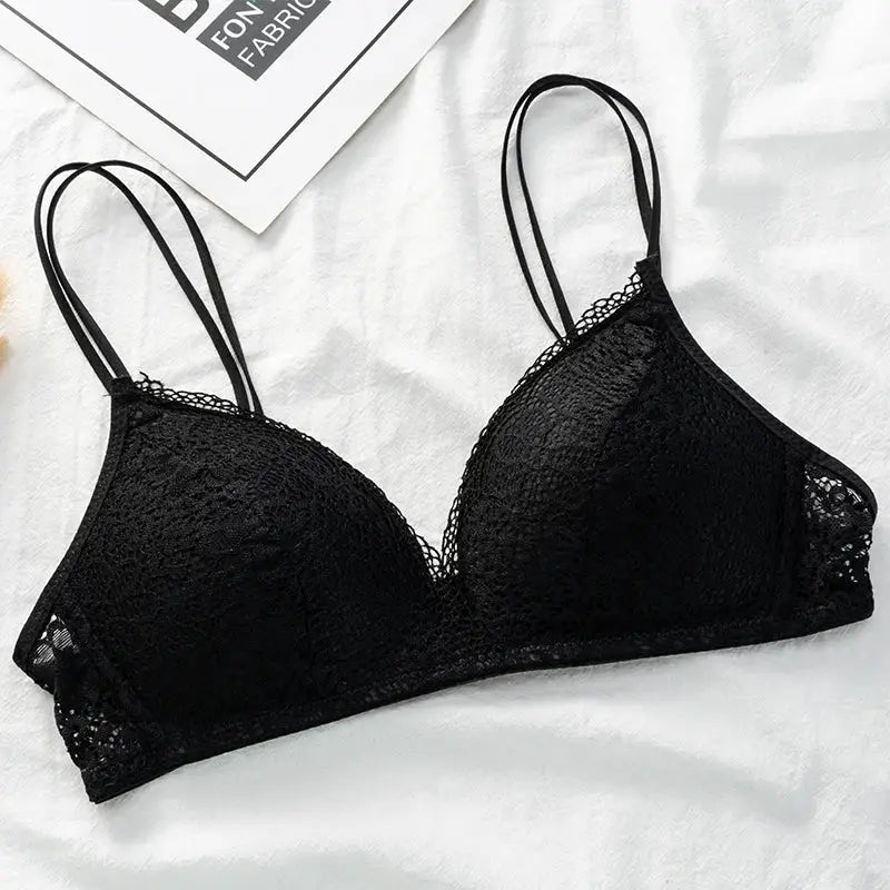 Black lace bralette with double straps, wireless women's lingerie.