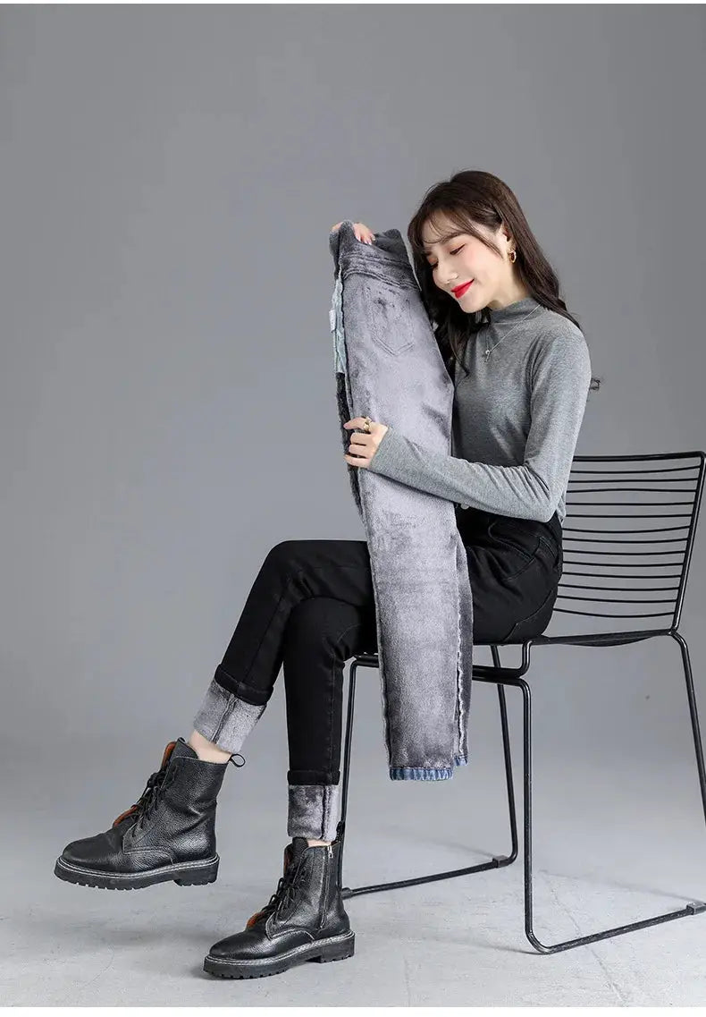 Thermal Winter Thick Fleece High Waist Stretch Skinny Jeans For Women