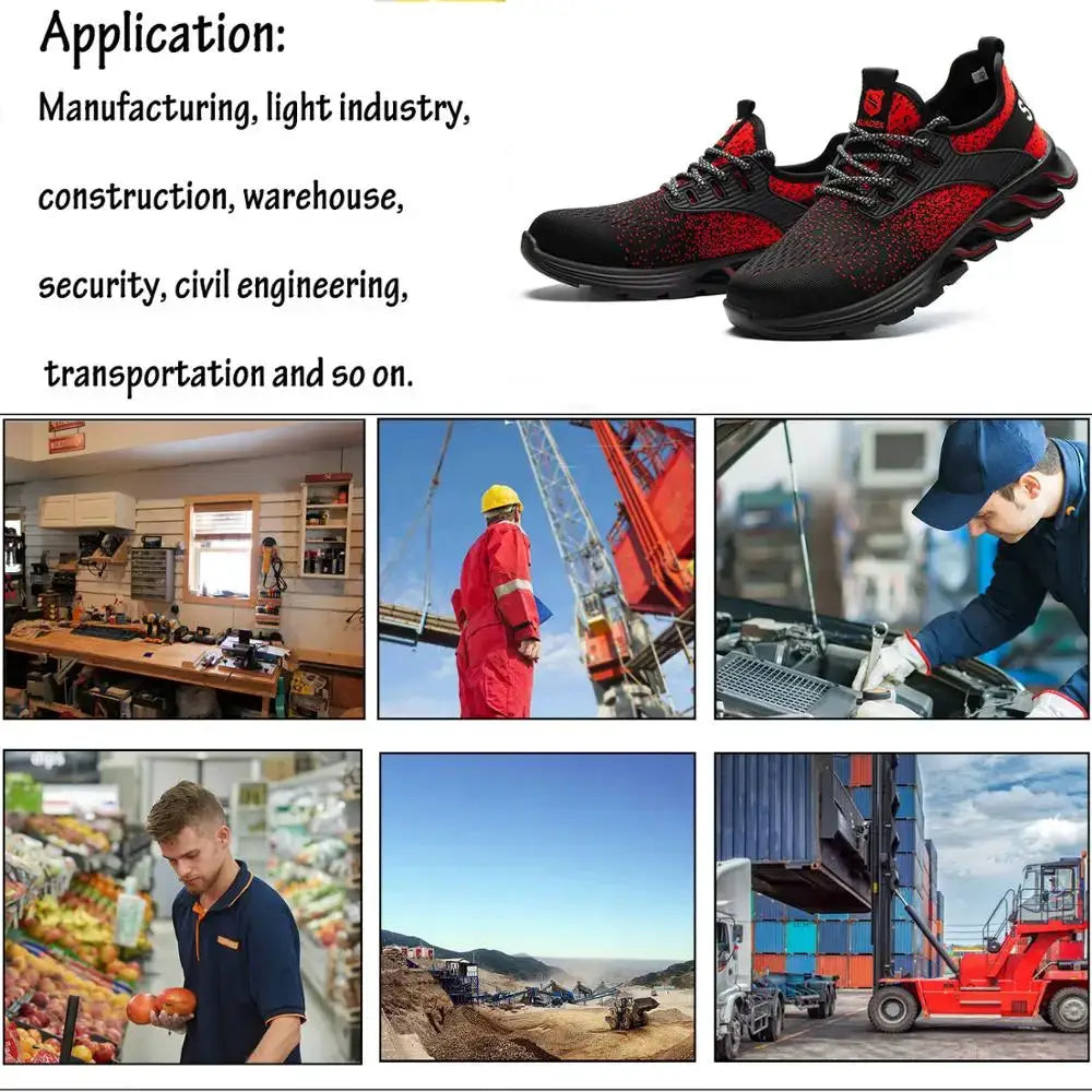 SUADEX safety shoes by Simples Market; unisex red and black steel-toe lightweight breathable work boots.