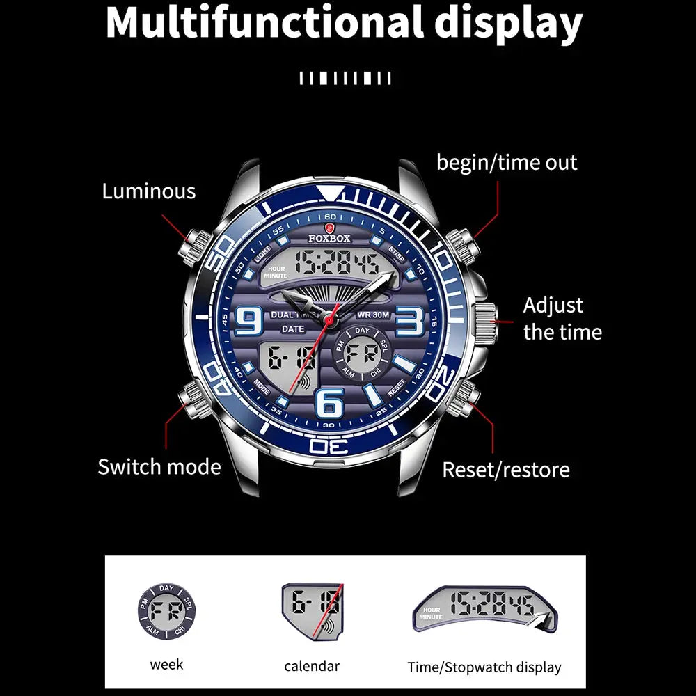 Foxbox digital men's wristwatch with blue dial, stainless steel case, sport quartz, includes box