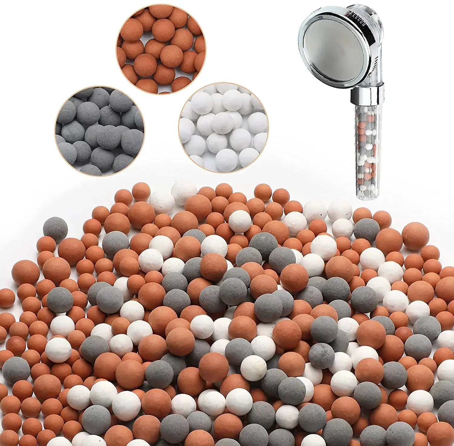 Simples Market shower head bead filter with orange, white and gray ceramic balls for water purification.