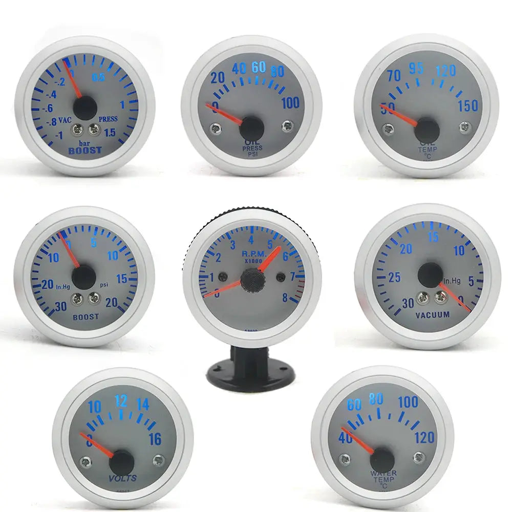 Dragon Gauge 2-inch LED car gauge set, 9 gauges with blue faces; boost, oil pressure, water temp, RPM, volt, vacuum.
