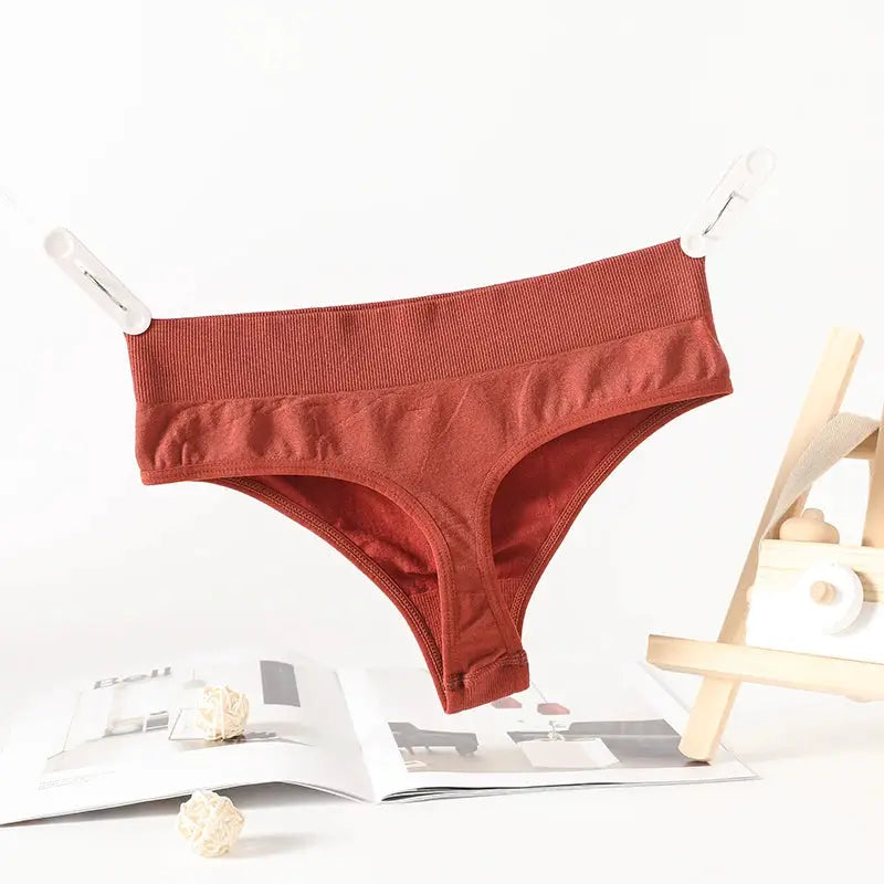 Ribbed thong underwear by Simples Market, rust red, high-rise