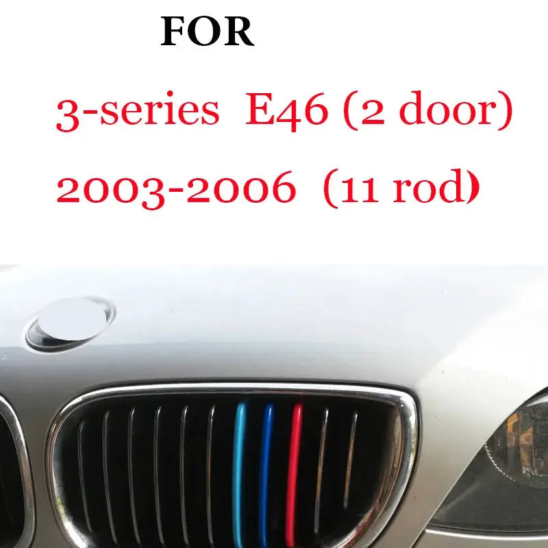 BMW 3-piece front grille trim strips with blue, light blue and red M-stripe accents on chrome surround