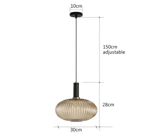 Retro glass pendant lamp with amber ribbed shade, 30cm diameter, LED E27, adjustable 150cm cord