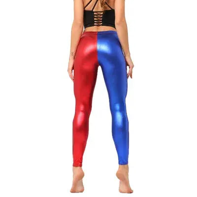 Ladies two-tone metallic leggings by Simples Market, red and blue shiny laser-leather finish