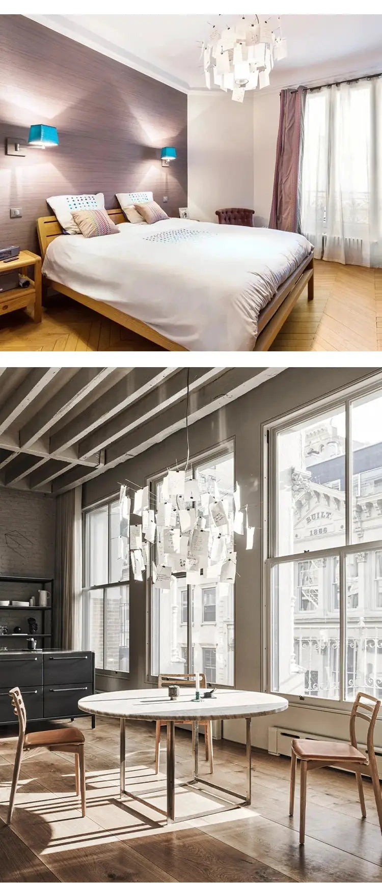 Ingo Maurer style paper chandelier replica with white hanging paper pieces, LED E27 lamp for living room or dining room